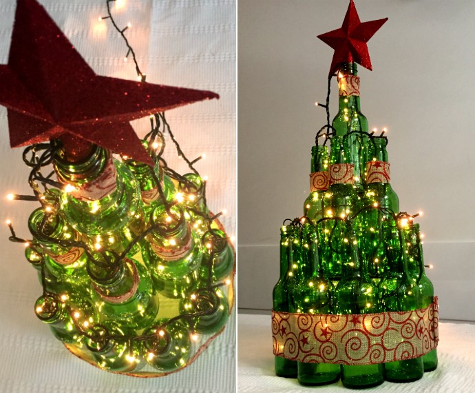 Árvore de Natal criativa, feita com garrafas